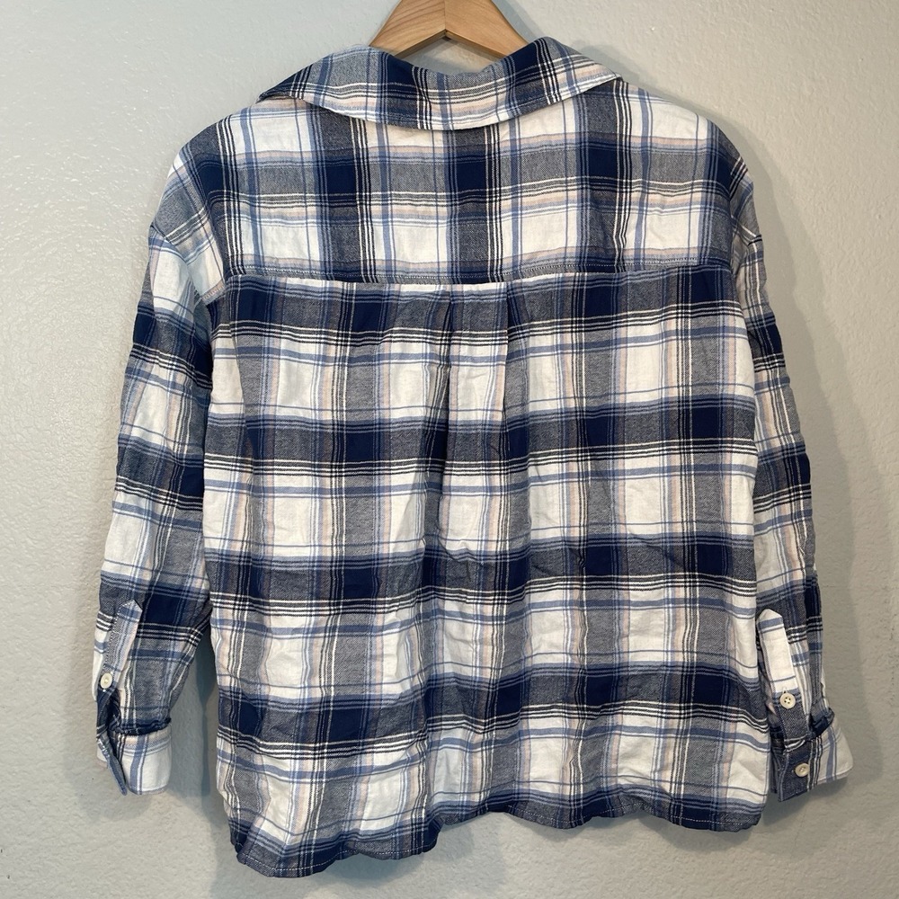 Madewell Flannel Crop Boxy Shirt Small Blue White Plaid Button Up Cute Basic - Picture 5 of 8